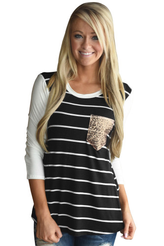 Black White Stripe Sequin Pocket Top