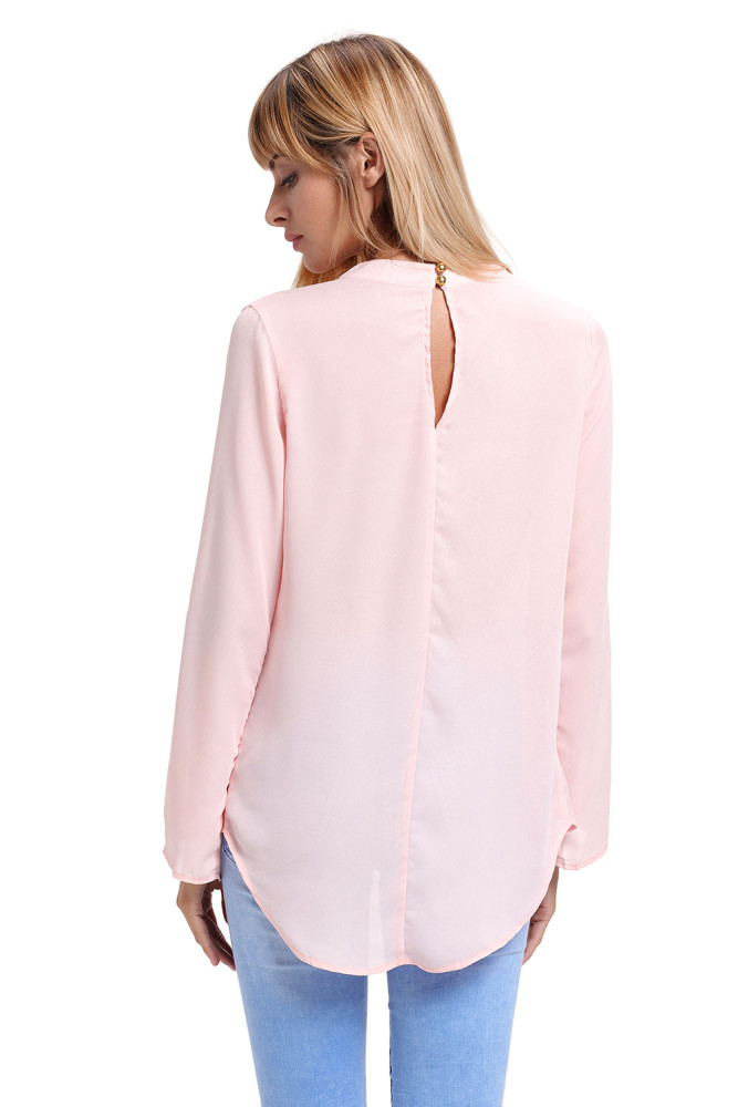 Pink Choker Cut out V Neck Blouse with Keyhole Back