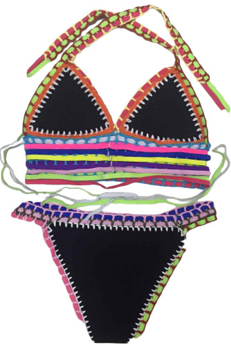 Multicolor Tie Up Crochet Black Neoprene Bikini Swimsuit