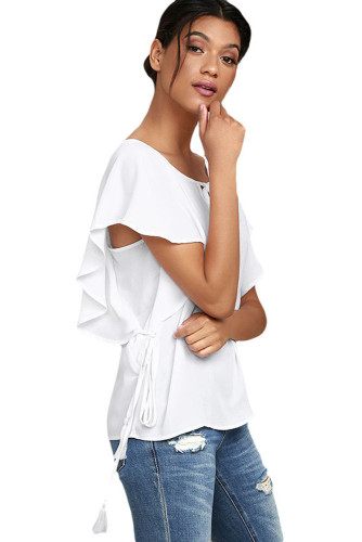 White Butterfly Sleeve Top with Tasseled Ties