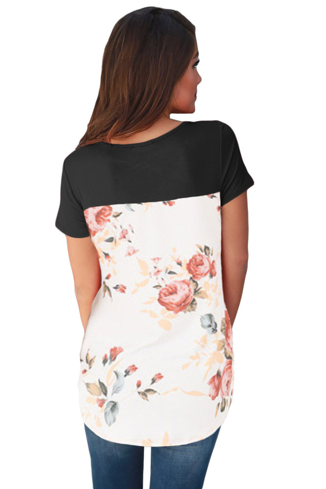 Black Floral Print Lower Back T-shirt