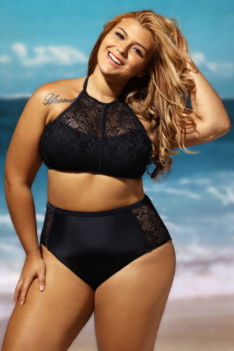 Black Patterned Mesh Insert Plus Size Swimwear