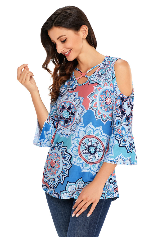 Blue Cold Shoulder Criss Cross Floral Blouse