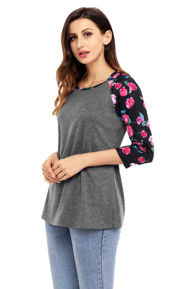 Floral Print Raglan Sleeve Dark Gray Top
