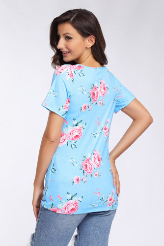 Strappy Neck Detail Blue Floral Short Sleeve T-shirt