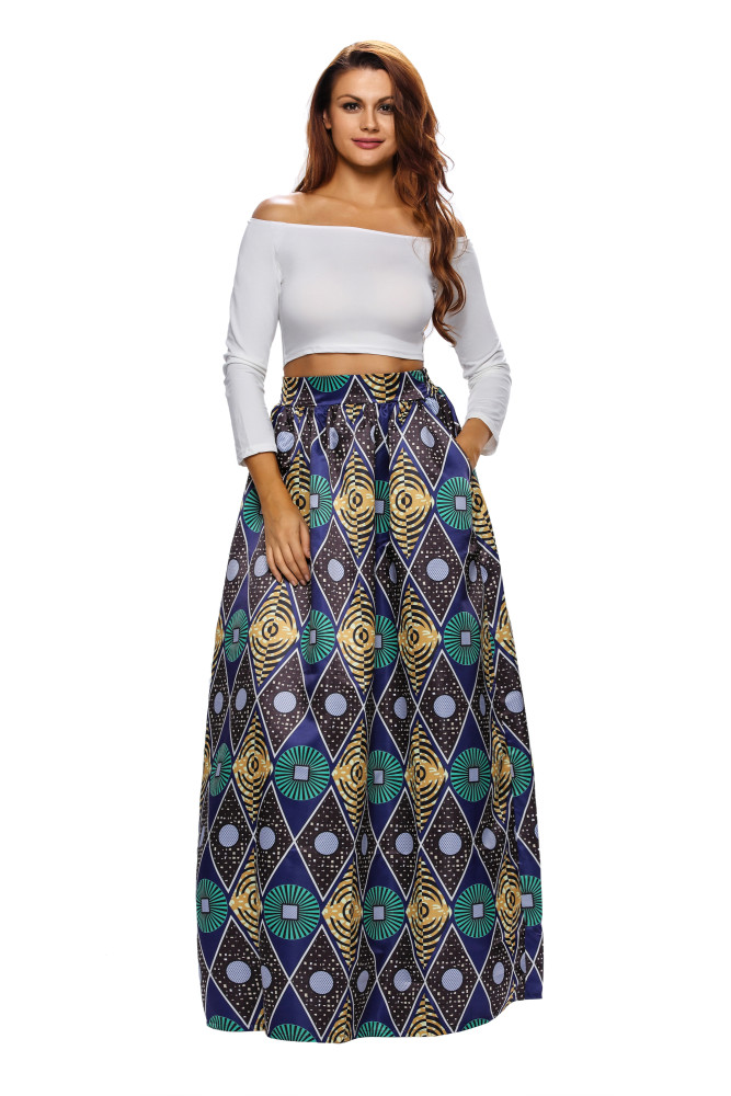 Chic Circle Diamond African Print Navy Maxi Skirt