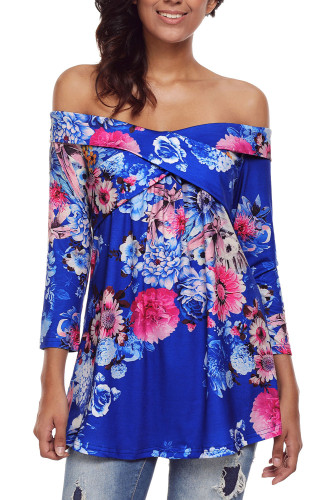 Blue Floral Off Shoulder Crisscross Top