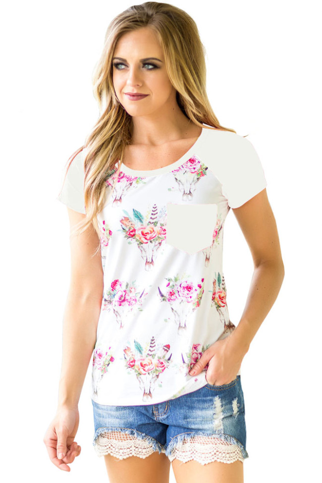White Short Sleeve Pocket Floral Shirt