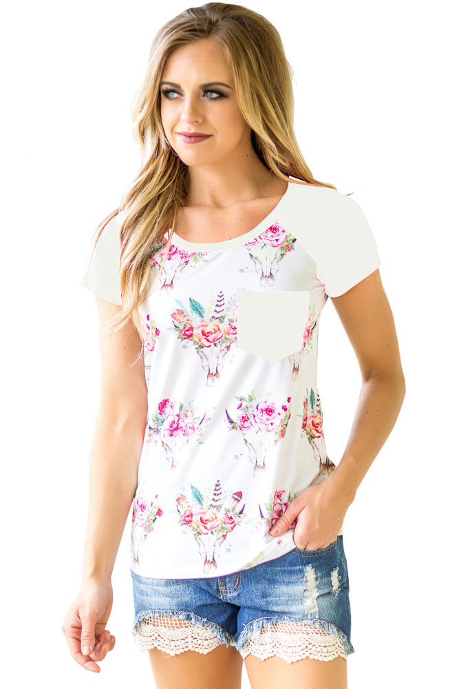 White Short Sleeve Pocket Floral Shirt