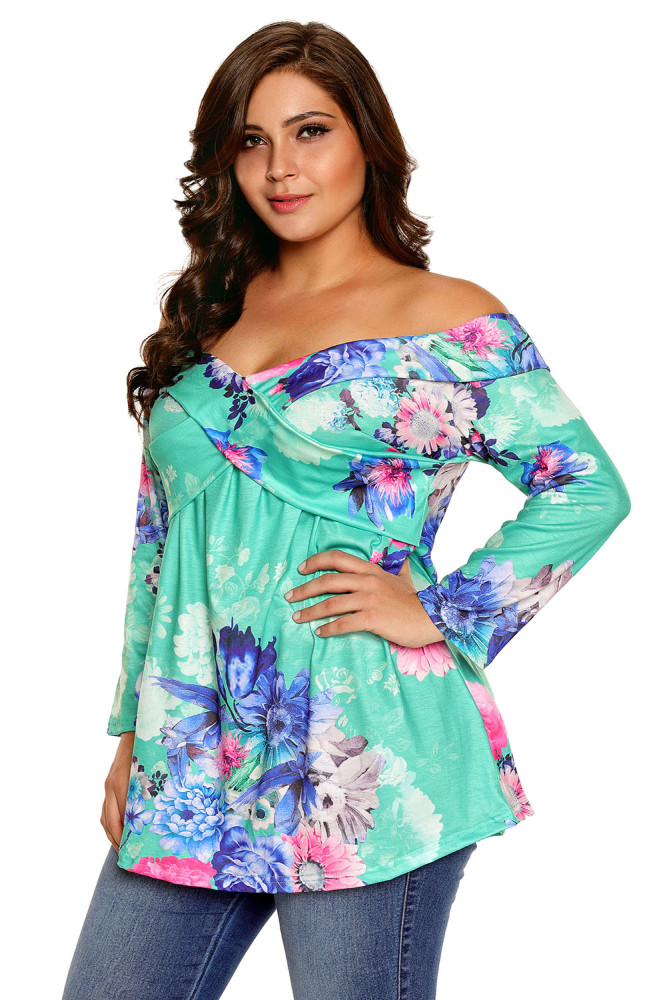 Mint Floral Off Shoulder Crisscross Top