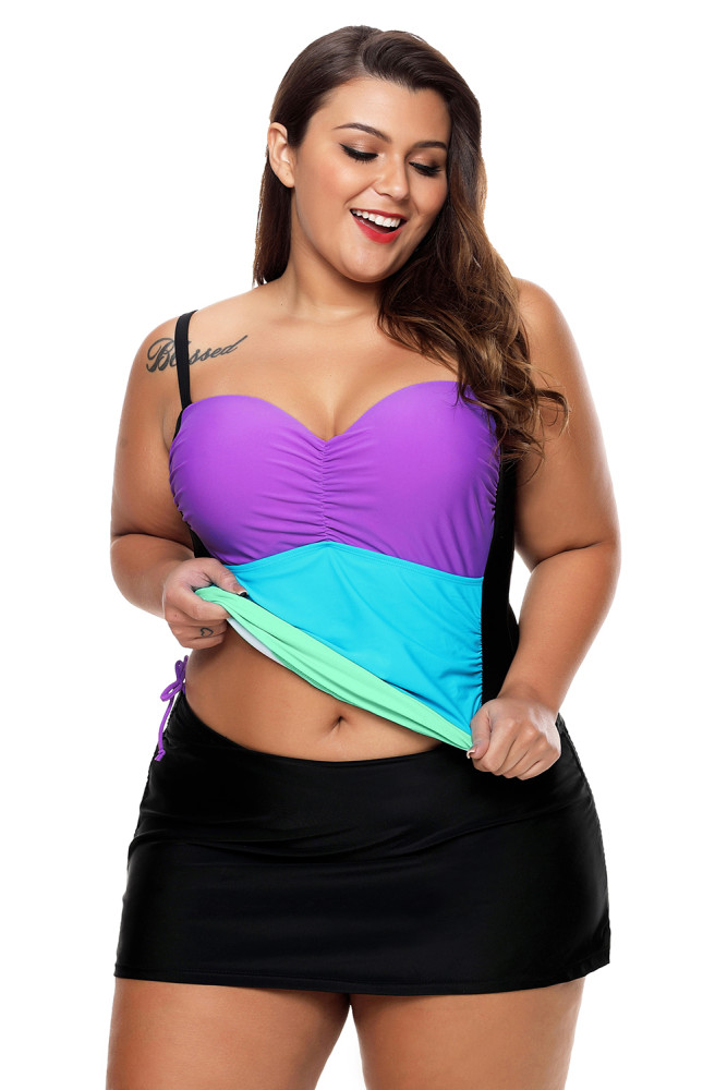Purple Colorblock Bandeau Tankini Black Skort Set