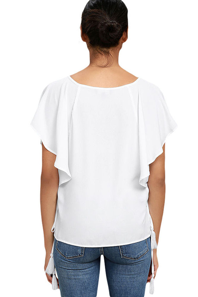 White Butterfly Sleeve Top with Tasseled Ties