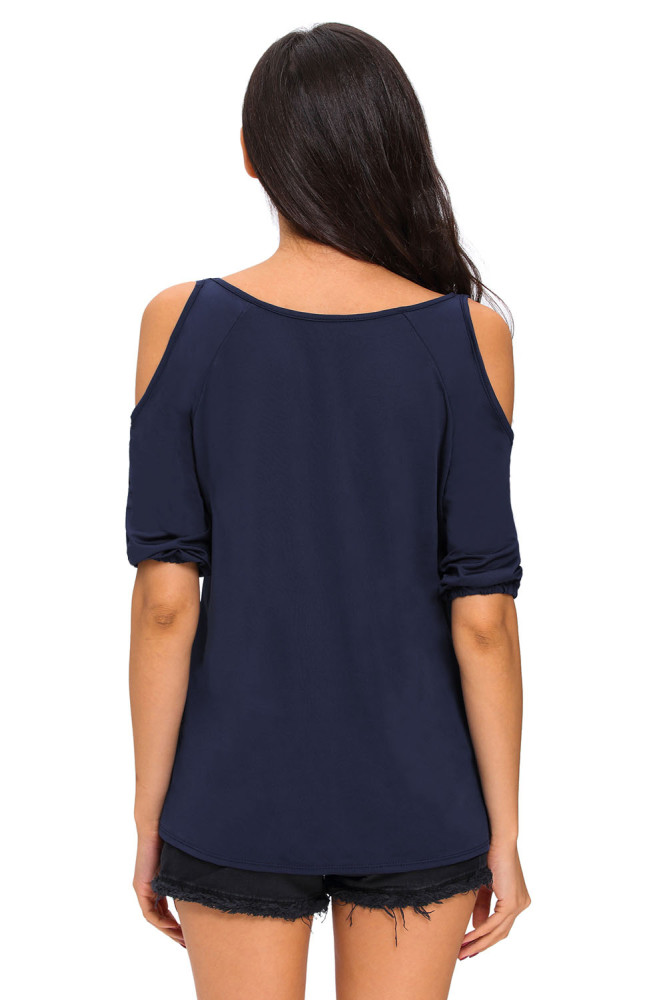 Navy Blue Scoop Neck Cold Shoulder Oversize Top