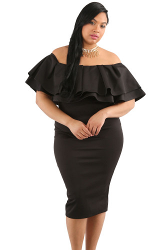Black Layered Ruffle Off Shoulder Curvaceous Dress