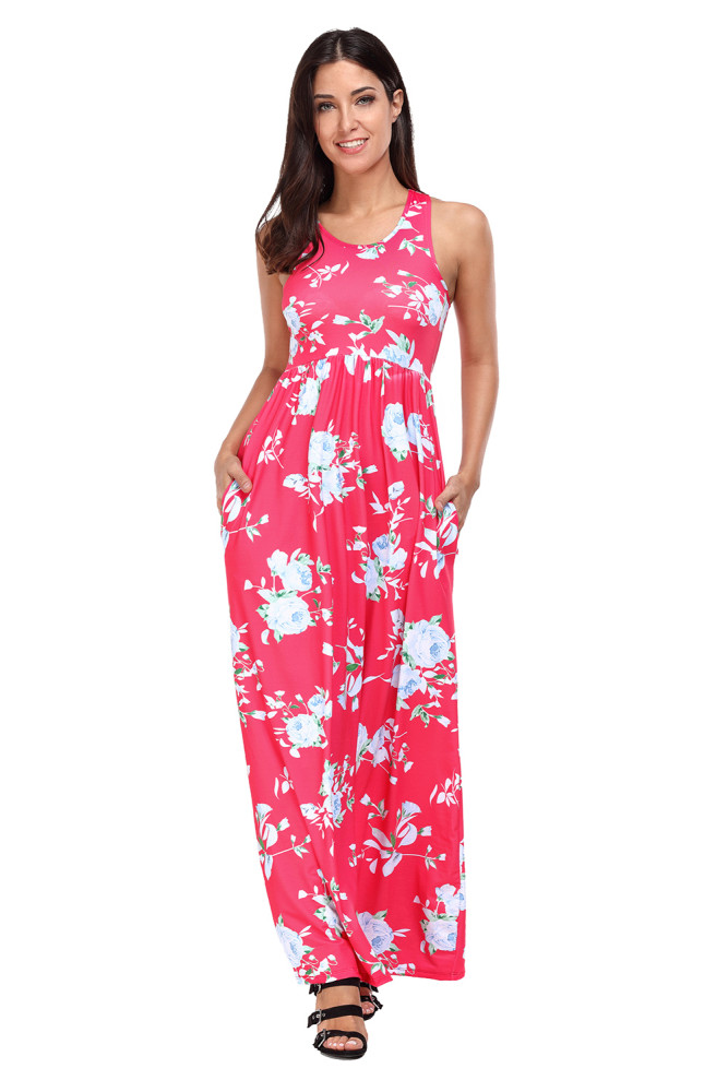 Fuchsia Floral Print Sleeveless Long Boho Dress