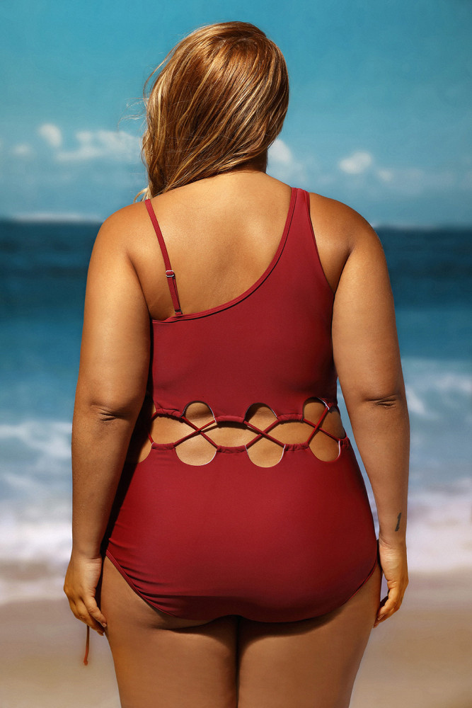 Date Red Lace Up Cutout Asymmetric Shoulder Maillot