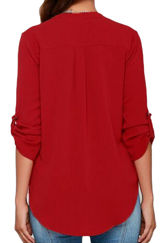 Wine V Neck Loose Fitting Chiffon Blouse