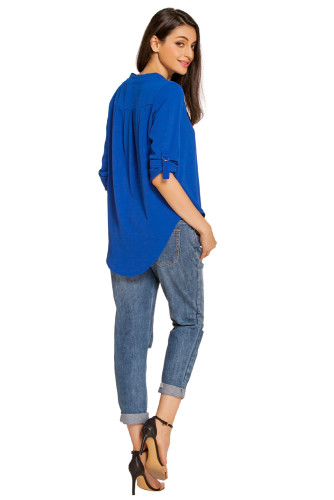 Royal Blue V Neck Loose Fitting Chiffon Blouse