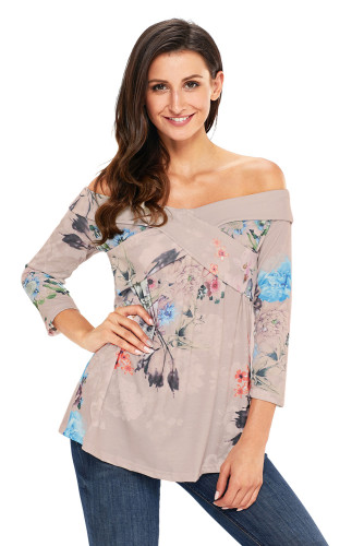 Gray Floral Off Shoulder Crisscross Top