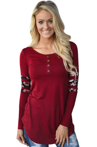 Red Floral Print Splice Sleeve Pullover Blouse