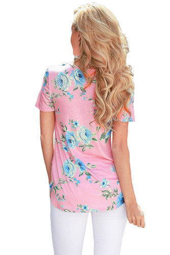 Light Pink Super Soft Floral Tee Shirt with Crisscross Neck