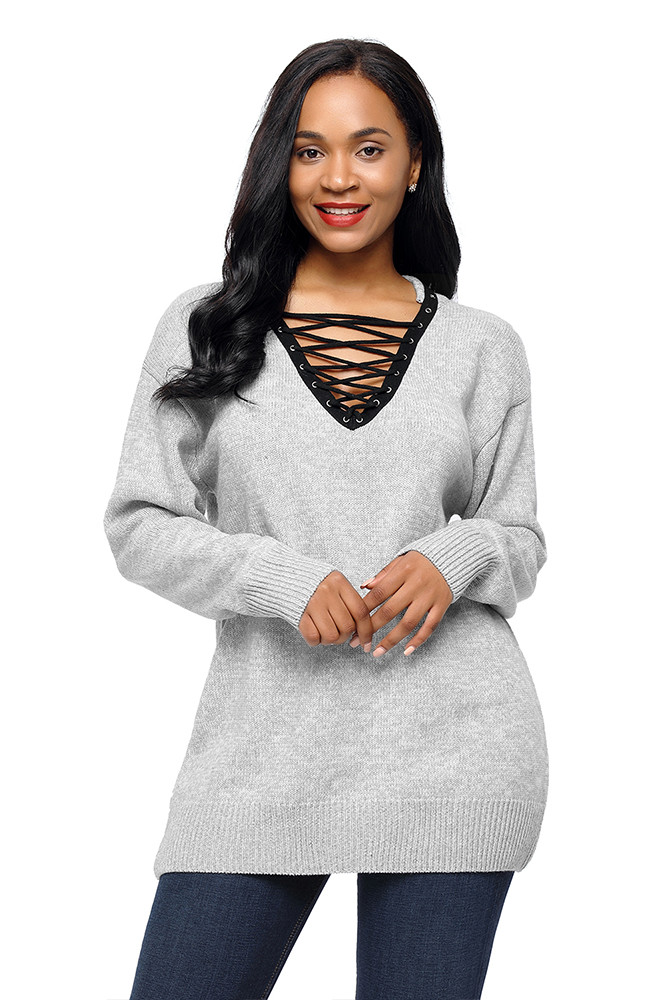 Gray Chic Long Sleeve Sweater with Lace up Neckline