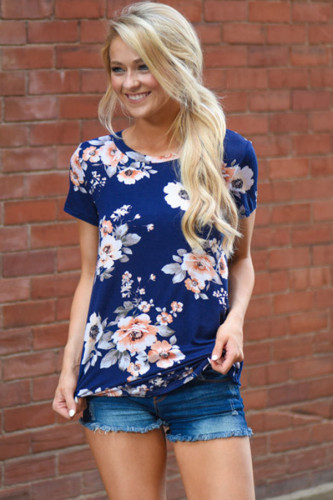 Royal Blue Short Sleeve Round Neck Floral Printed T-shirt