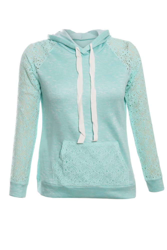 Light Green Lace Accent Kangaroo Pocket Hoodie