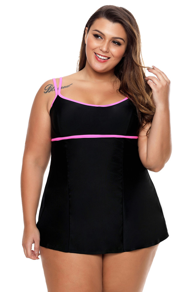 Stylish Double Shoulder Straps Black One-piece Swimdress