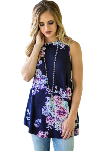 Navy Blue Floral Print High Neck Tank Top