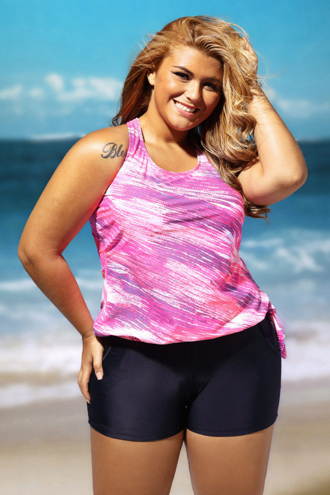 Rosy Print Blouson Tankini with Black Swim Bottom