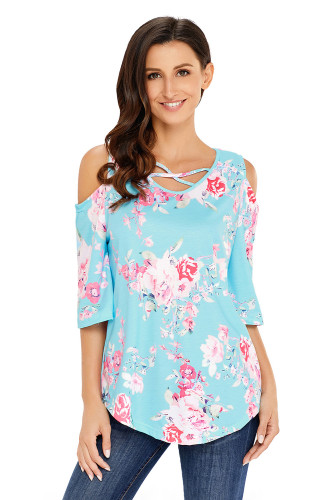 Light Blue Floral Print Three Quarter Sleeve Drop Shoulder Blouse