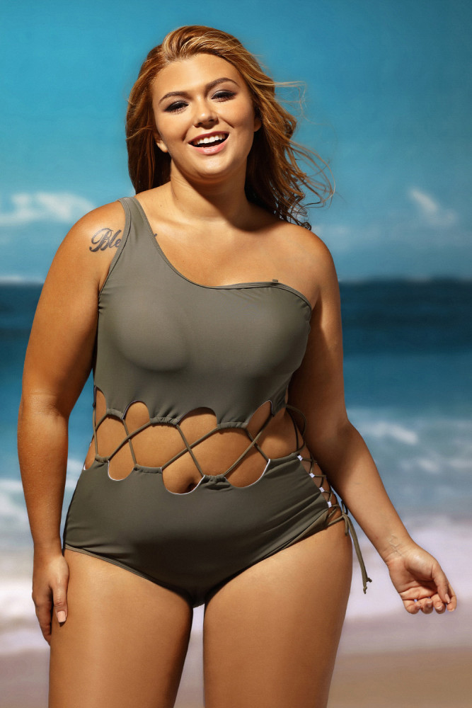 Army Green Lace Up Cutout Asymmetric Shoulder Maillot