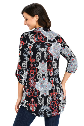 Dark Carved Paisley Print Slight V Neck Blouse