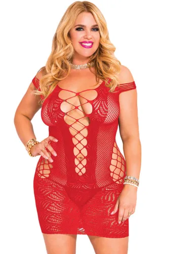 Plus Red Crotchet Mesh Hollow-out Mini Chemise Dress