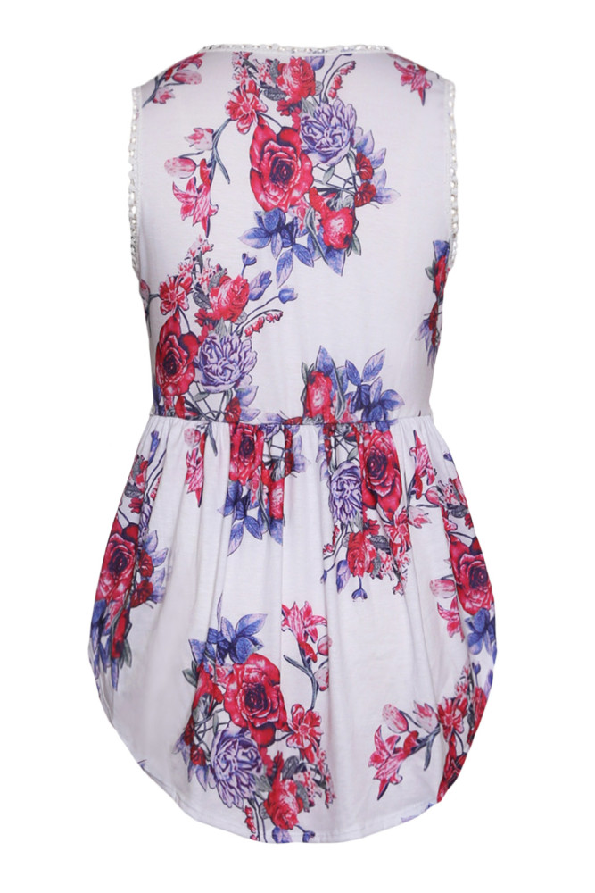 Ivory Floral Pompom Lace Trim Flowy Tank Top