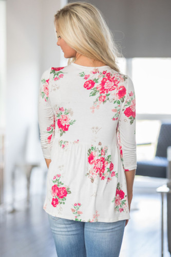 Lace Up V Neck White Floral Blouse