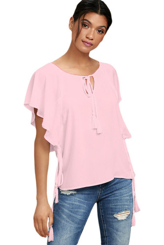 Pink Butterfly Sleeve Top with Tasseled Ties