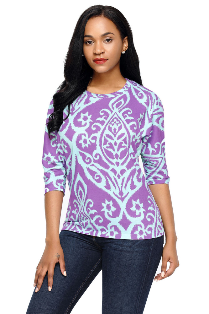 Purple Aqua Damask Print Half Sleeve Top