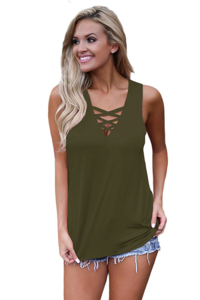 Army Green Crisscross V Neckline Women Tank Top