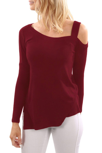 Claret One Shoulder Long Sleeve Top with Slit