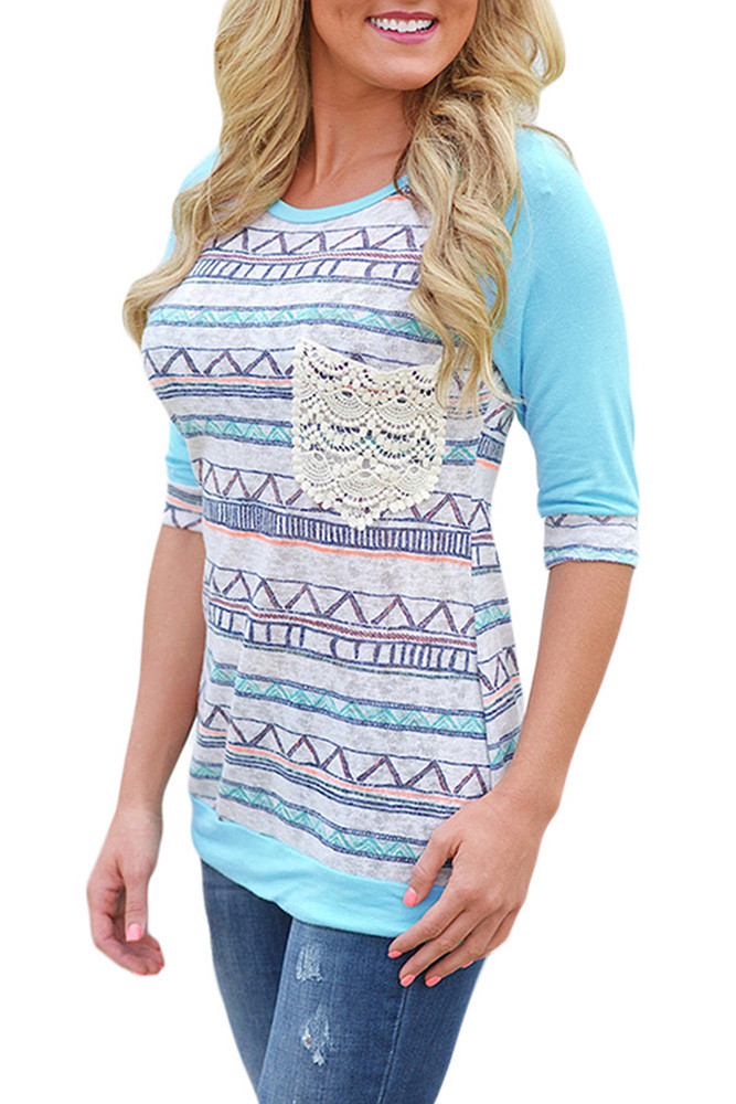 Light Blue Raglan Sleeve Lace Pocket Detail Printed Top