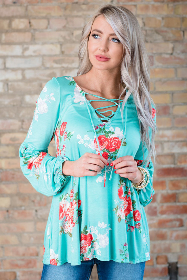 Turquoise Floral Criss Cross Long Sleeve Top
