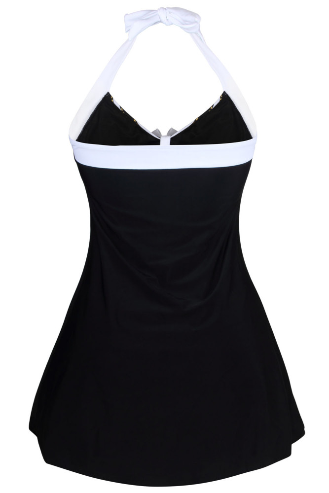 Black White Stripes Gold Trim One-piece Swimdress
