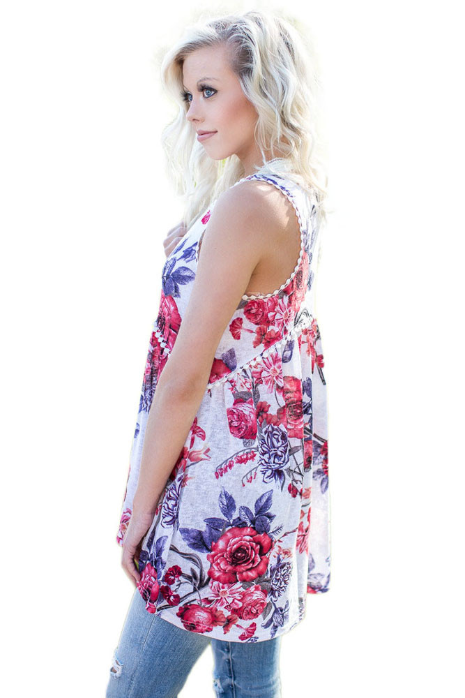 Ivory Floral Pompom Lace Trim Flowy Tank Top