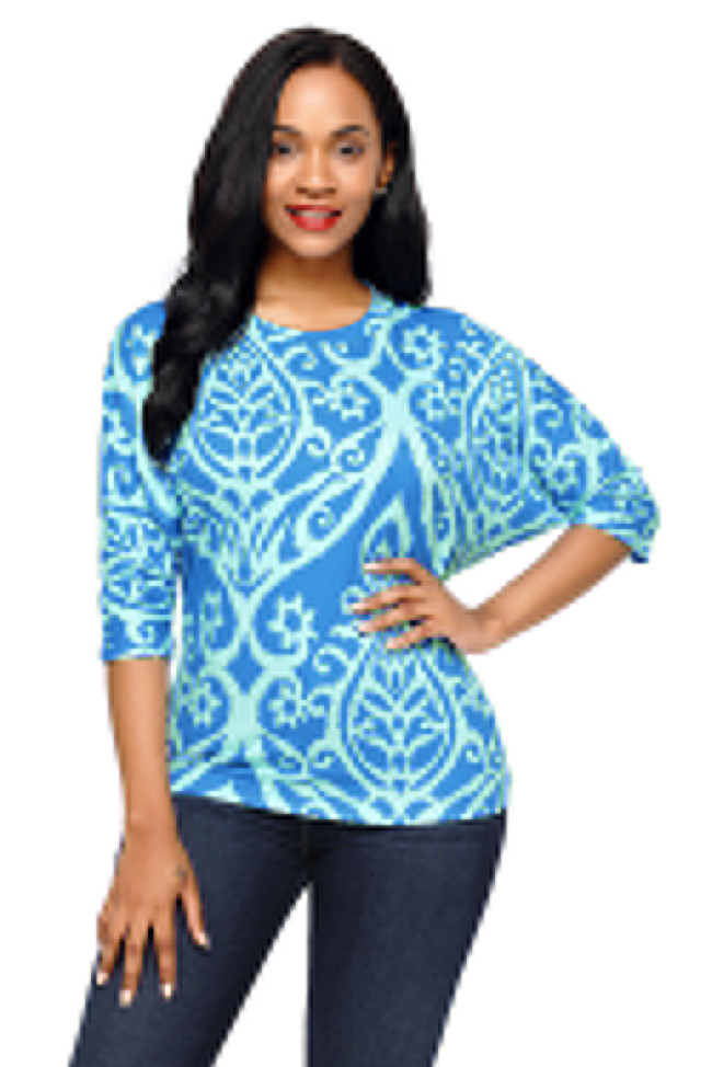 Royal Blue Aqua Damask Print Half Sleeve Top