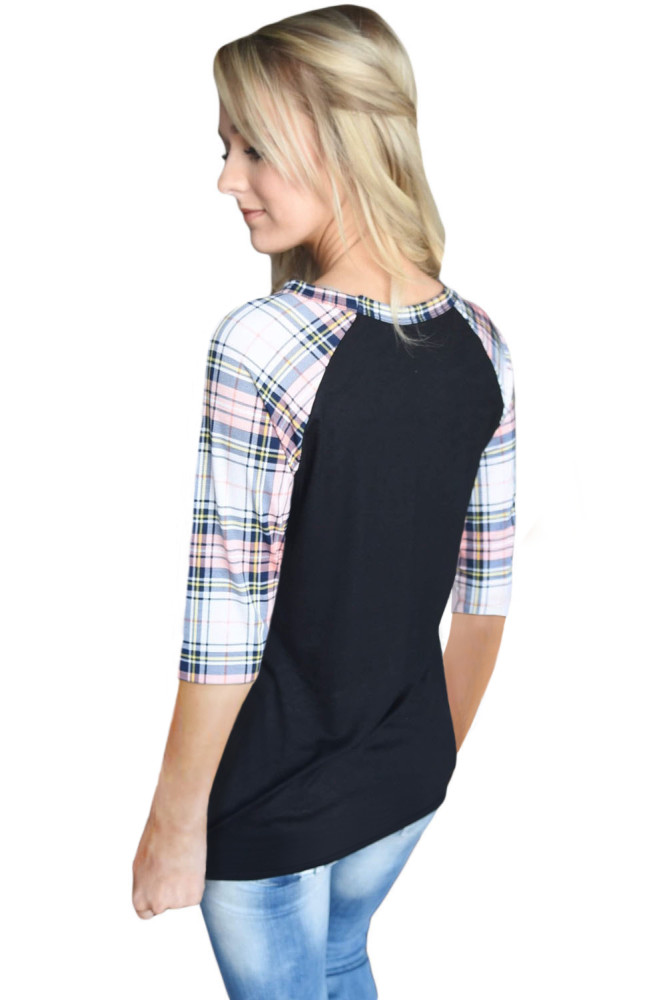 Light Plaid Raglan Sleeve Black Top
