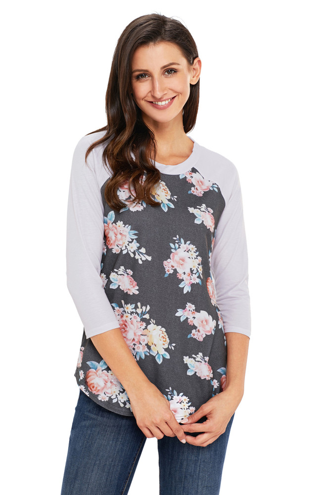 Grey Floral Print Raglan Sleeve Top