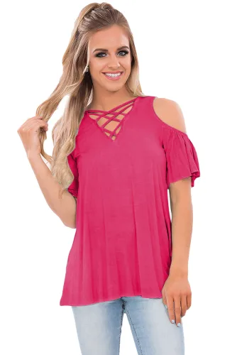 Rosy Crisscross Front Cold Shoulder Ruffle Sleeve Top