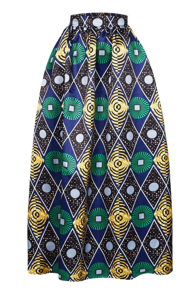 Chic Circle Diamond African Print Navy Maxi Skirt